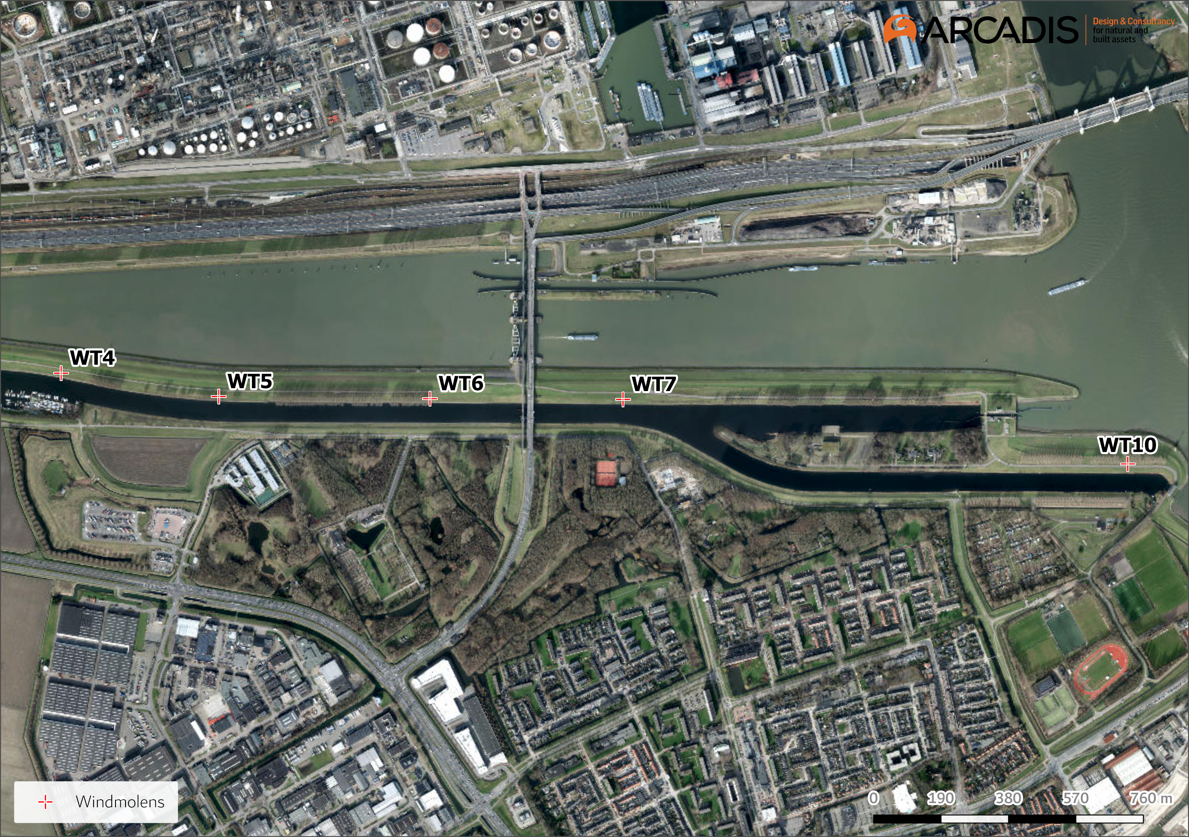 De windmolens komen tussen Spijkenisse (Noord) en Geervliet langs het Hartelkanaal te staan